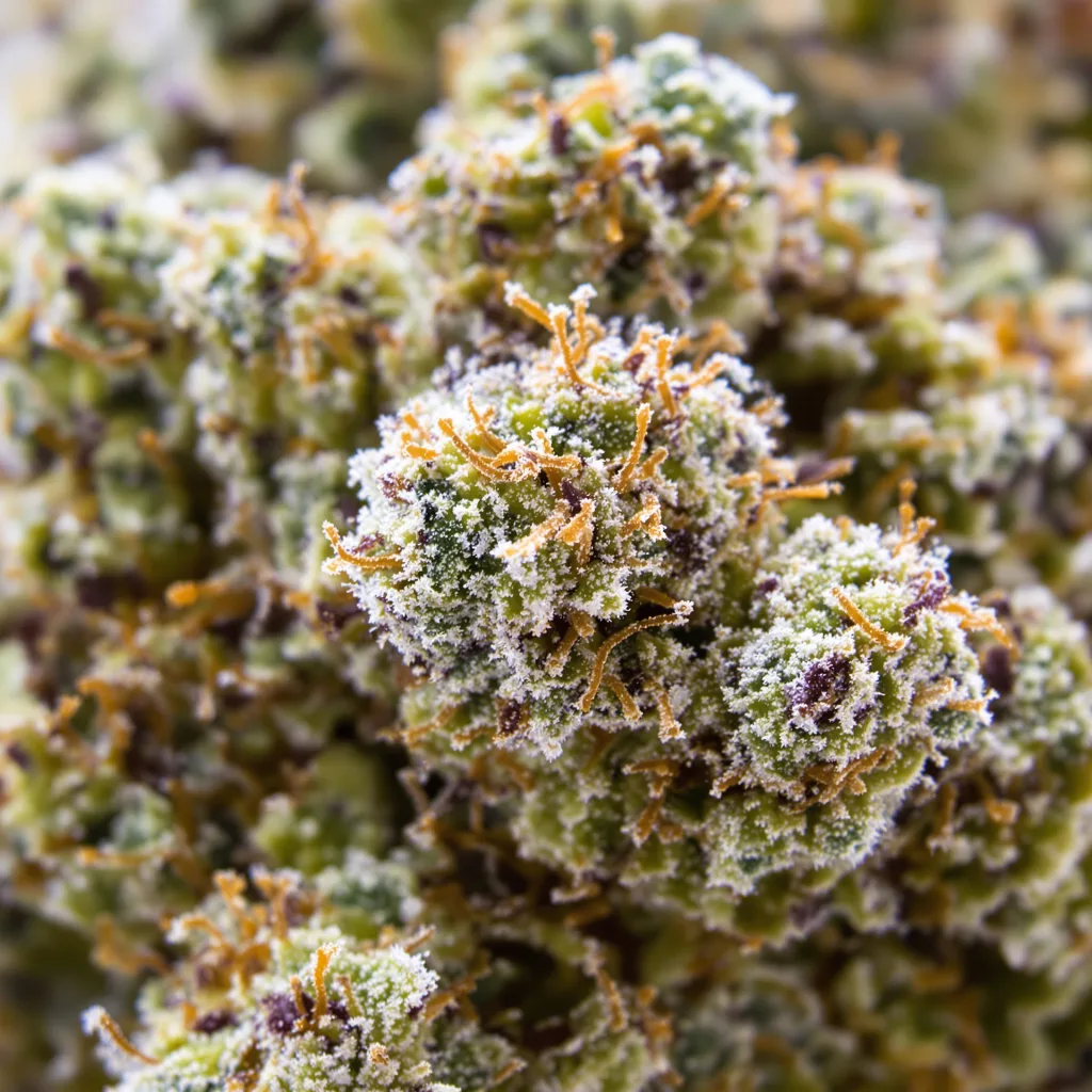 Godfather OG cannabis bud close-up showing dense forest-green nugs