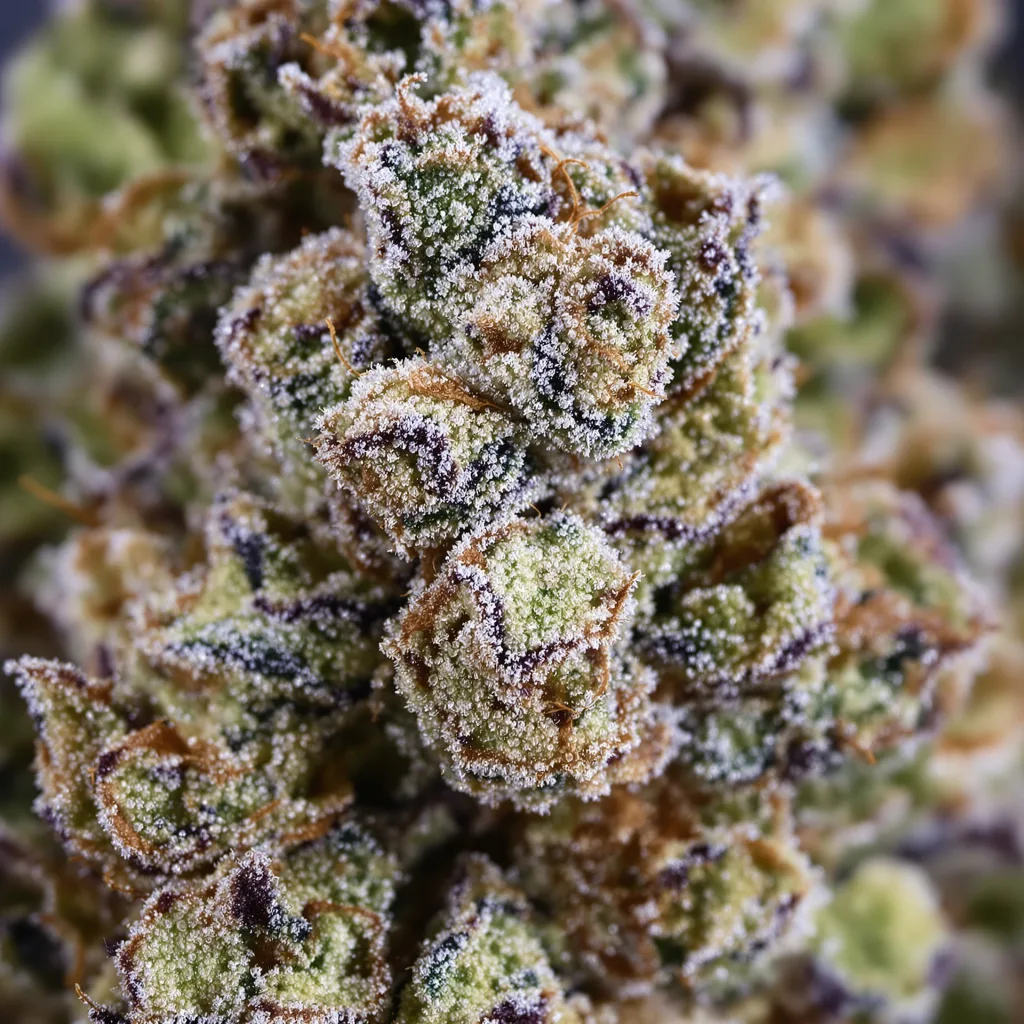 Godzilla Cookies cannabis bud close-up showing balanced bud structure with frosted trichomes