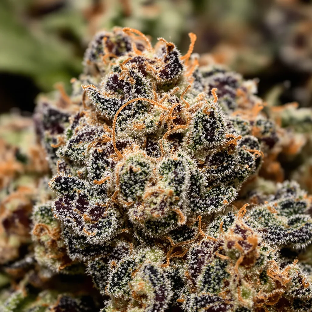 Godzilla cannabis bud close-up showing dense purple-tinged calyxes