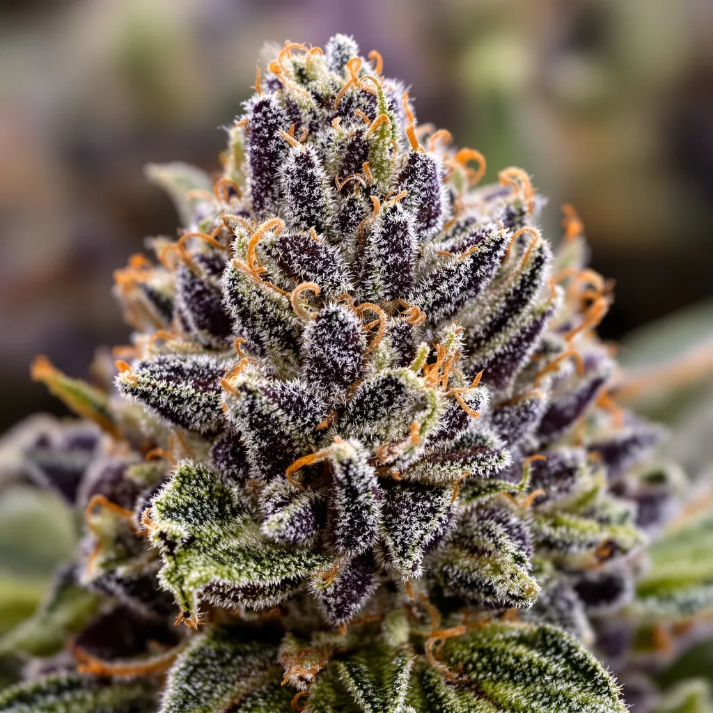 Godzilla Glue cannabis bud close-up showing dense purple-tinged calyxes