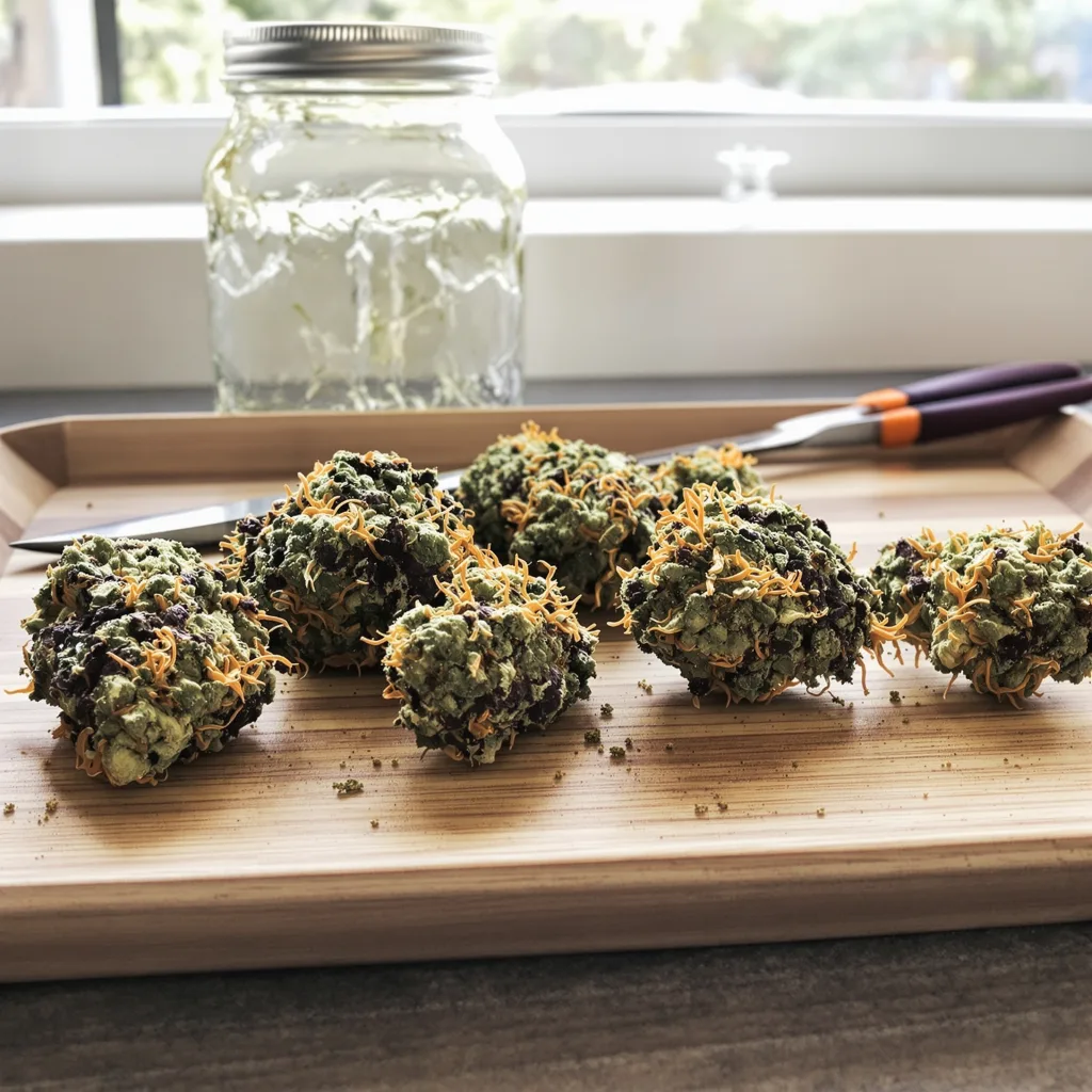 Goldberry 66% indica / 34% sativa flower with visible trichomes