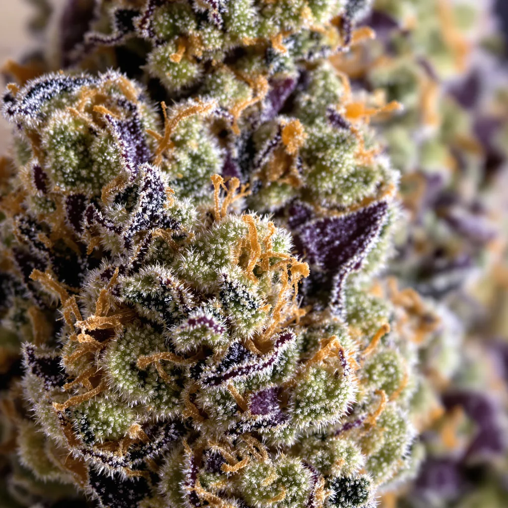 Goldberry cannabis bud close-up showing dense purple-tinged calyxes