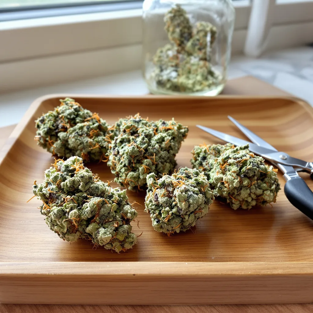 Golden Nugget 37% indica / 63% sativa flower with visible trichomes