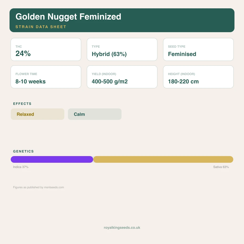 Golden Nugget 37% indica / 63% sativa flower with visible trichomes