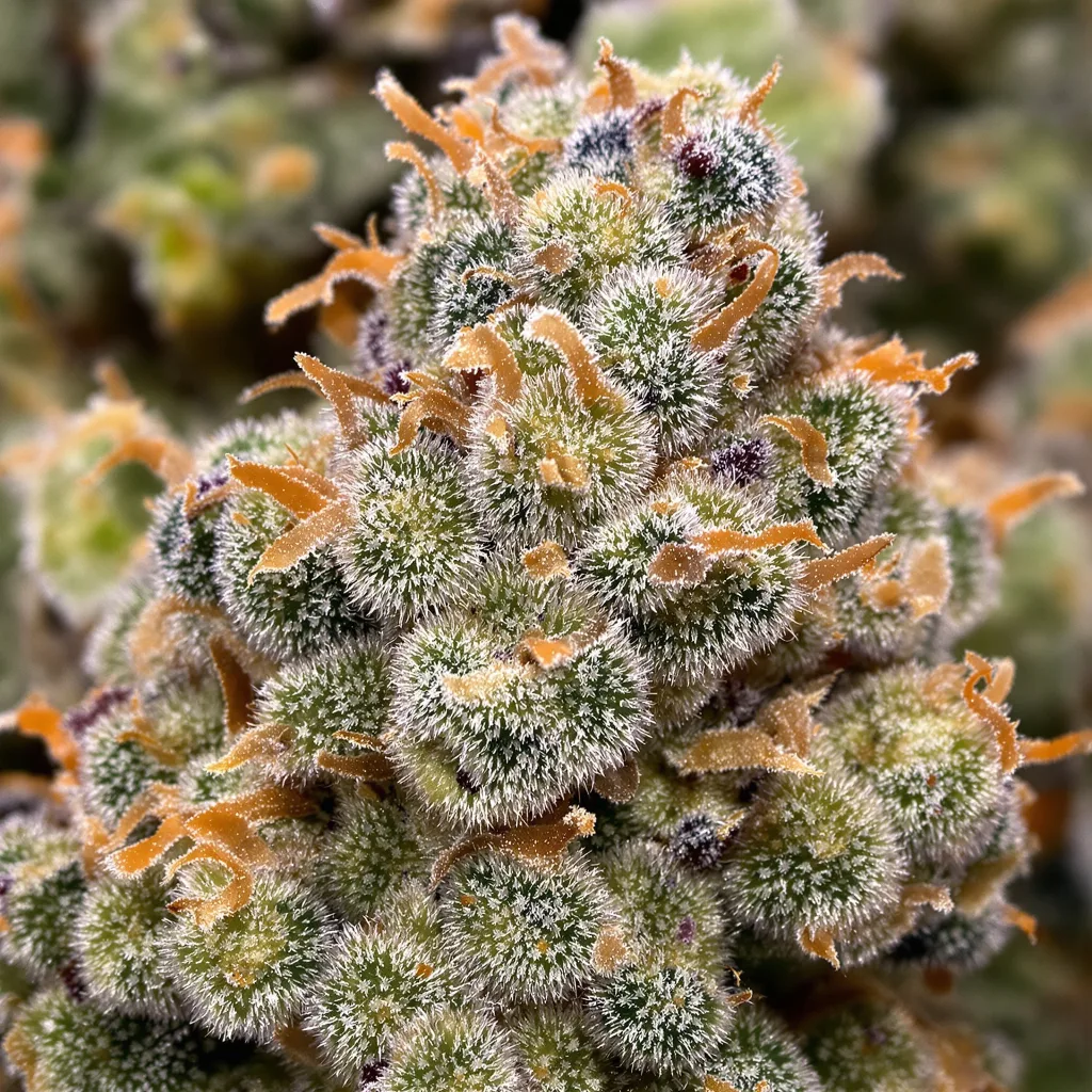 Golden Pineapple cannabis bud close-up showing balanced bud structure with frosted trichomes