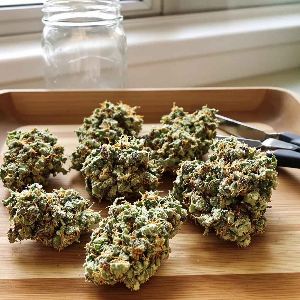 Golden Ticket 50% indica / 50% sativa flower with visible trichomes
