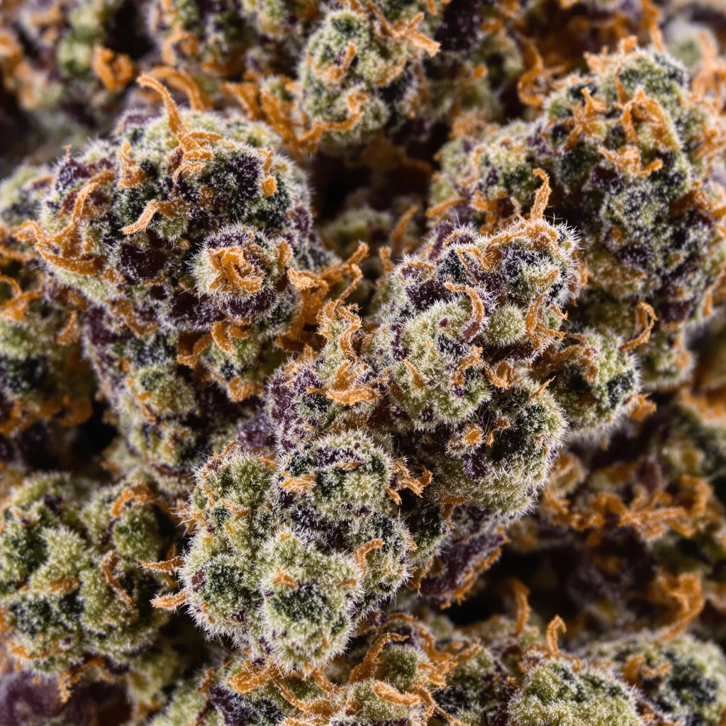 Goo cannabis bud close-up showing dense purple-tinged calyxes
