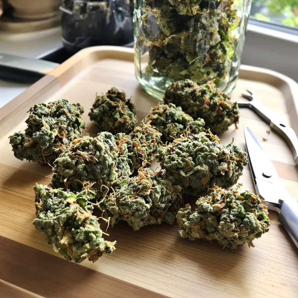 Gorilla Glue 51% indica / 49% sativa flower with visible trichomes