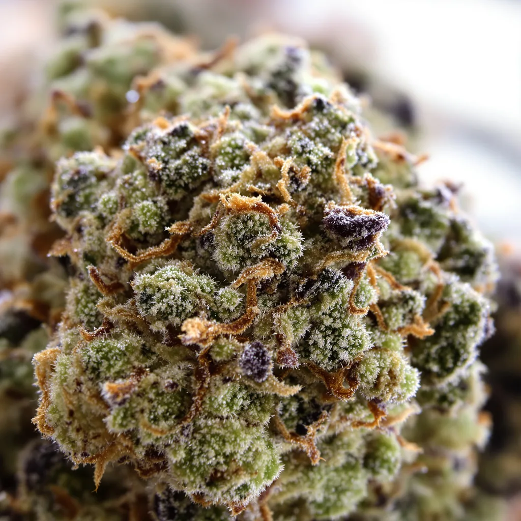 Gorilla Glue cannabis bud close-up showing balanced bud structure with frosted trichomes
