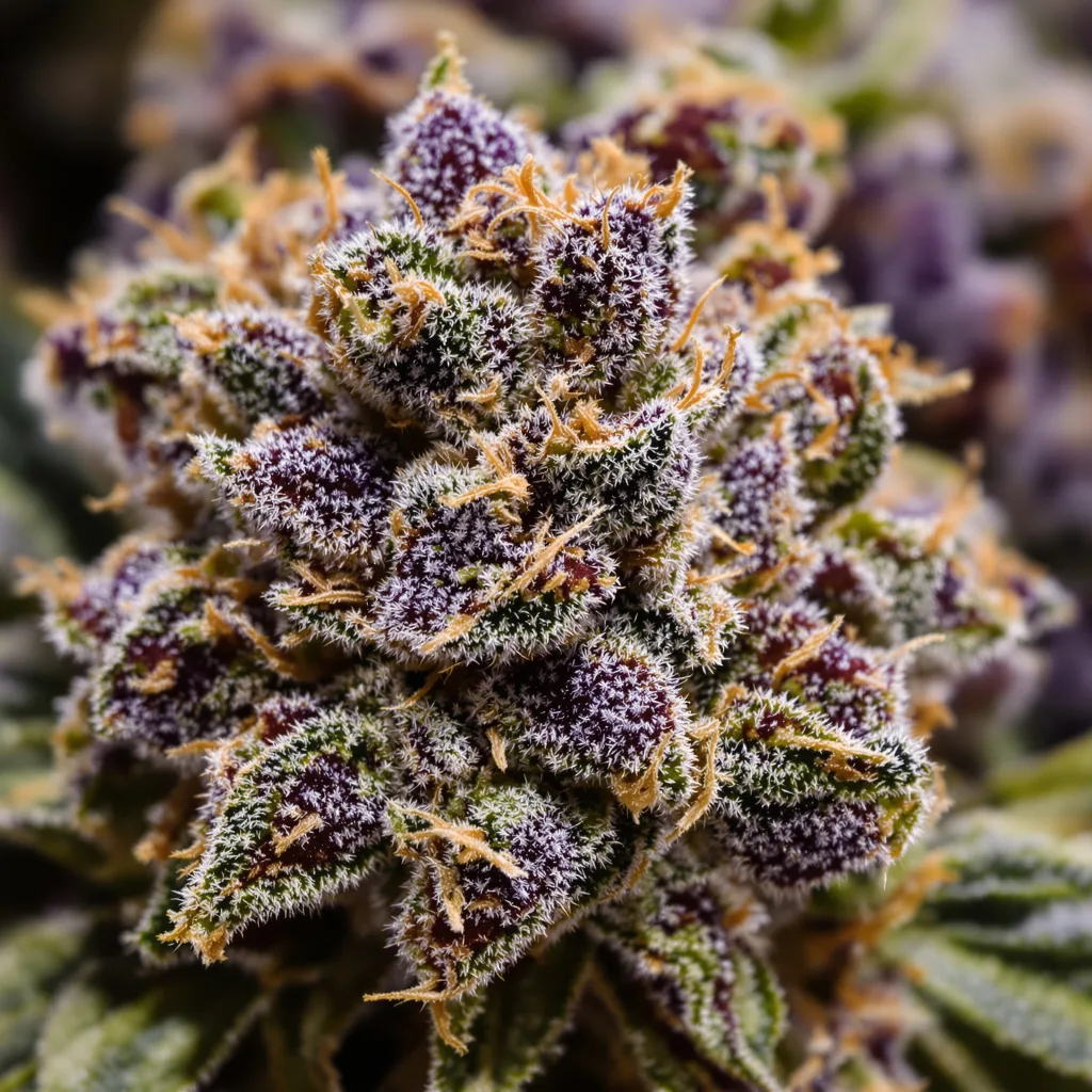 Granddaddy Purple cannabis bud close-up showing dense purple-tinged calyxes