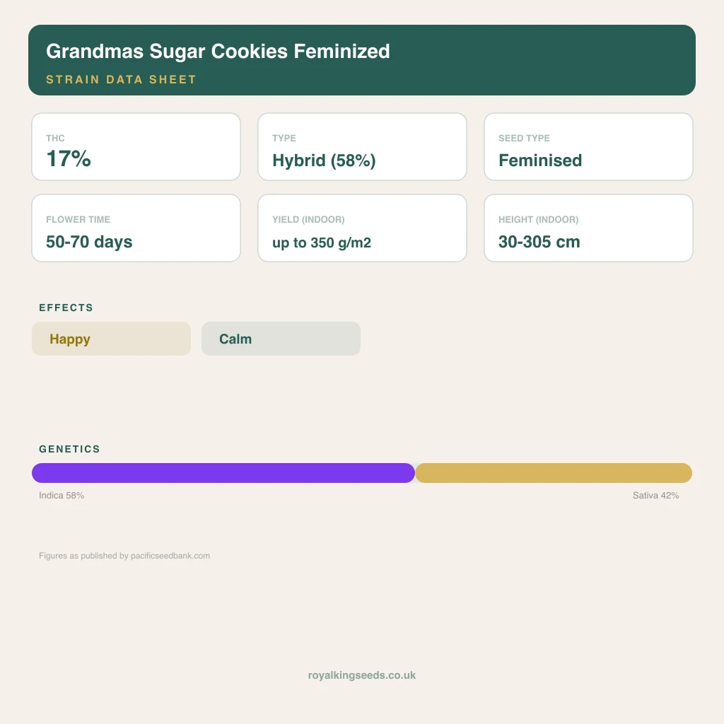Grandmas Sugar Cookies 58% indica / 42% sativa flower with visible trichomes