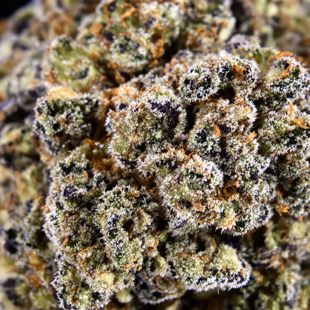 Grape Ape cannabis bud close-up showing dense purple-tinged calyxes
