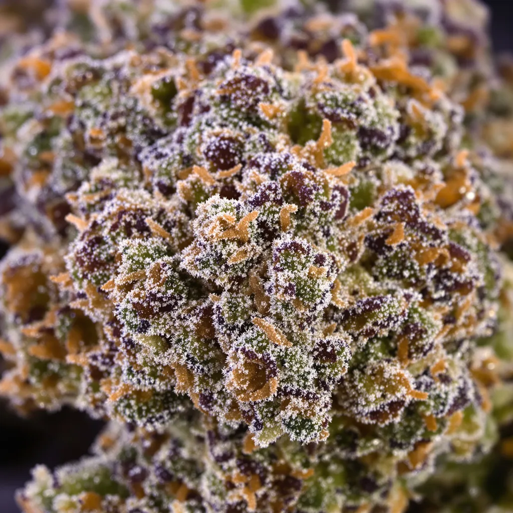 Grape Cookies cannabis bud close-up showing dense purple-tinged calyxes