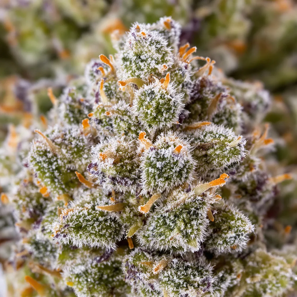 Grape Gas cannabis bud close-up showing dense forest-green nugs