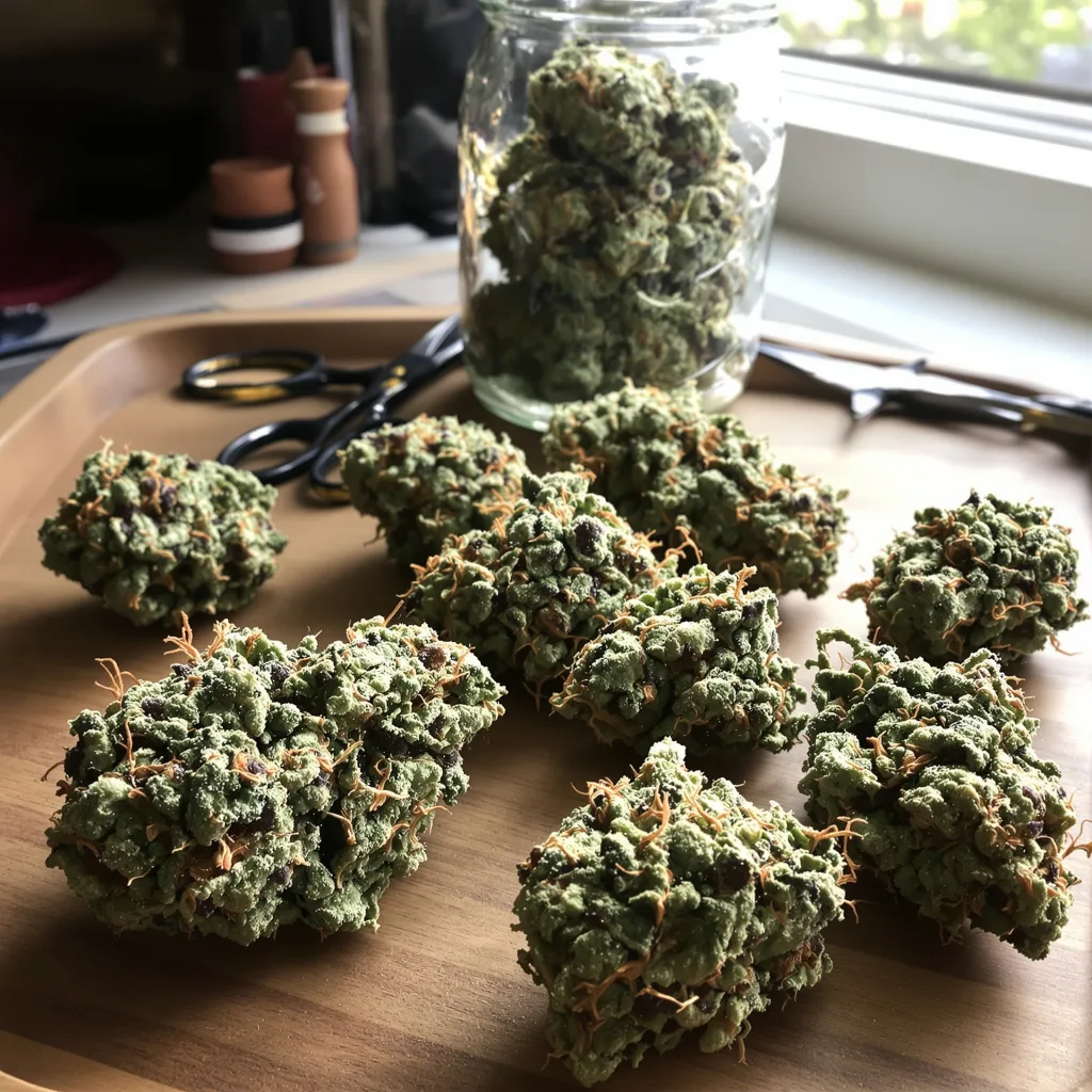 Grape Guava 41% indica / 59% sativa flower with visible trichomes