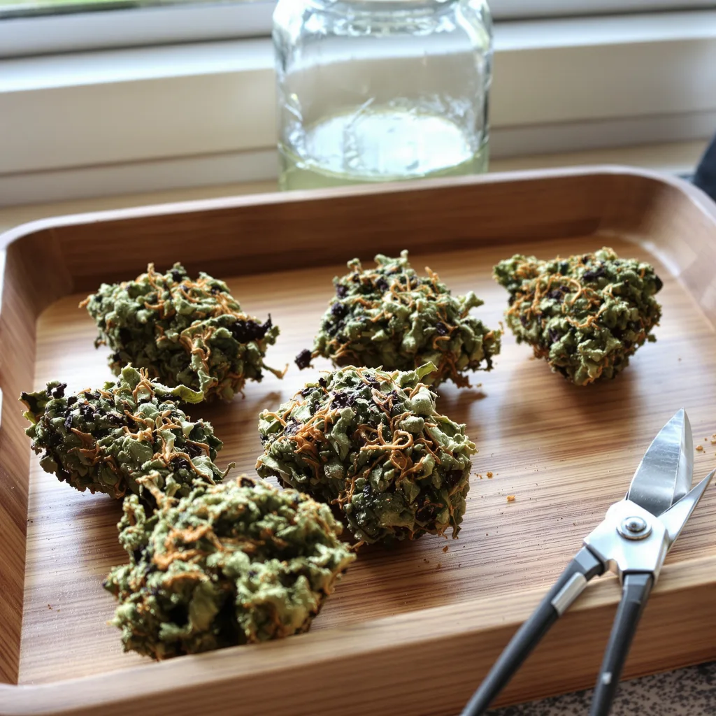 Grape Inferno 79% indica / 21% sativa flower with visible trichomes