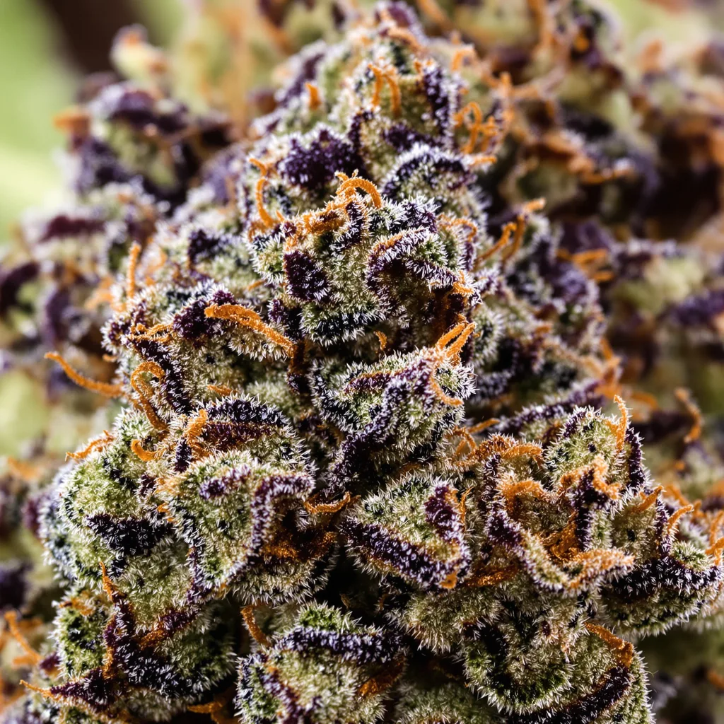 Grape Inferno cannabis bud close-up showing dense purple-tinged calyxes