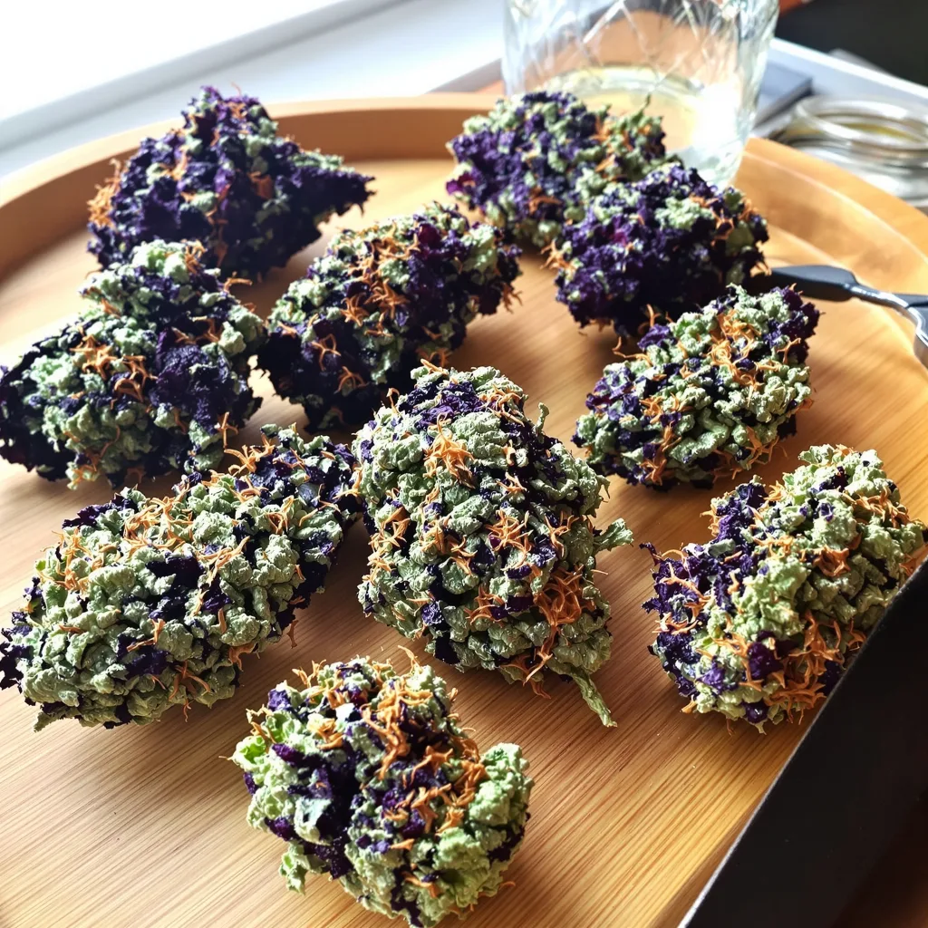 Grape Inferno 79% indica / 21% sativa flower with visible trichomes
