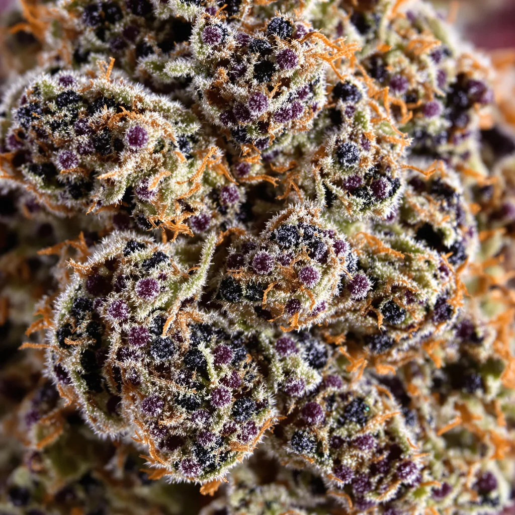 Grape Inferno cannabis bud close-up showing dense purple-tinged calyxes