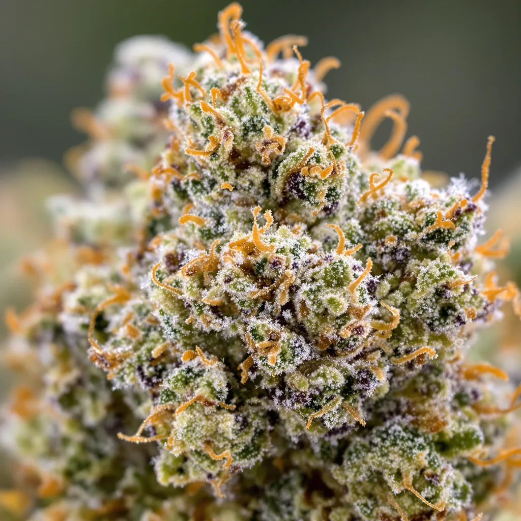 Grape Krush cannabis bud close-up showing dense forest-green nugs