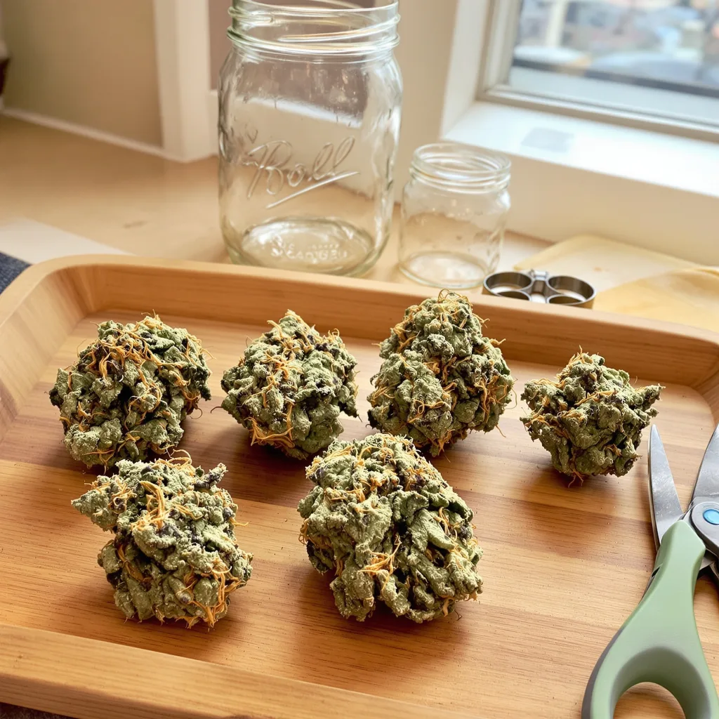 Grape Kush 40% indica / 60% sativa flower with visible trichomes
