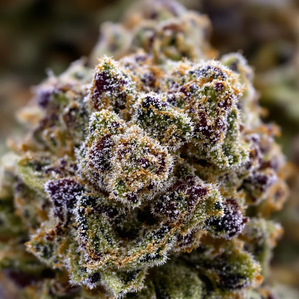 Grape Kush cannabis bud close-up showing open-bud structure with orange pistils