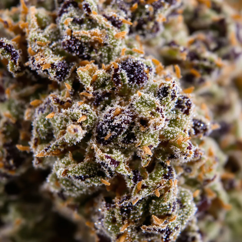 Grape OX cannabis bud close-up showing dense purple-tinged calyxes