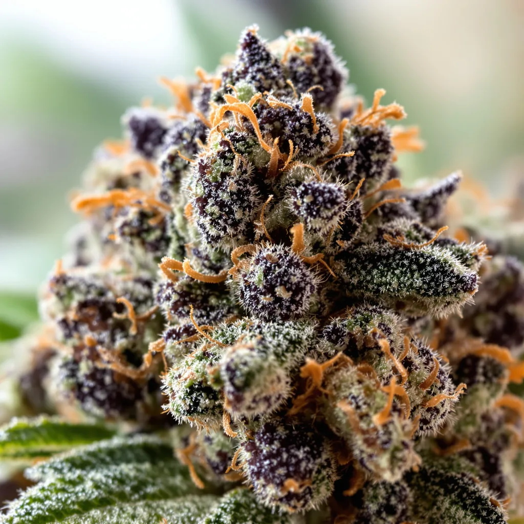 Grape Skunk cannabis bud close-up showing dense purple-tinged calyxes