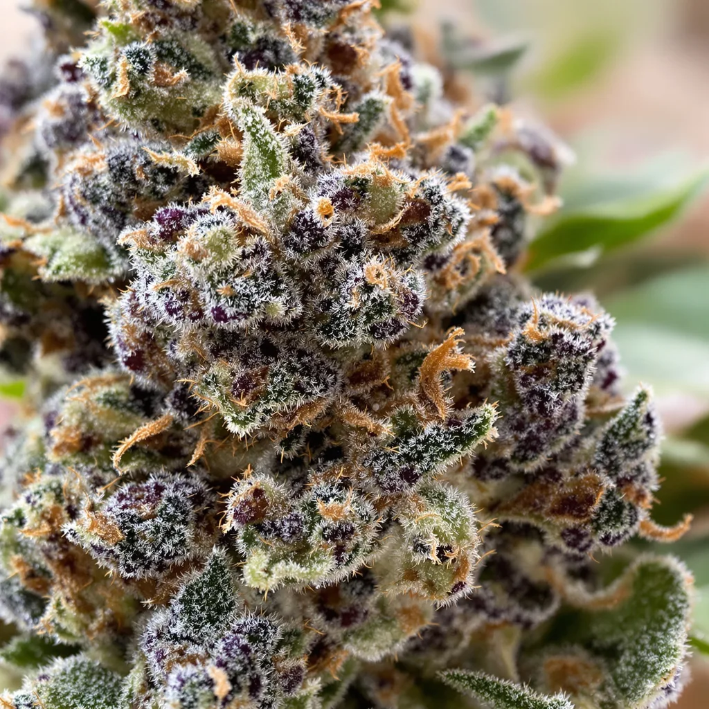 Grape Skunk cannabis bud close-up showing dense purple-tinged calyxes
