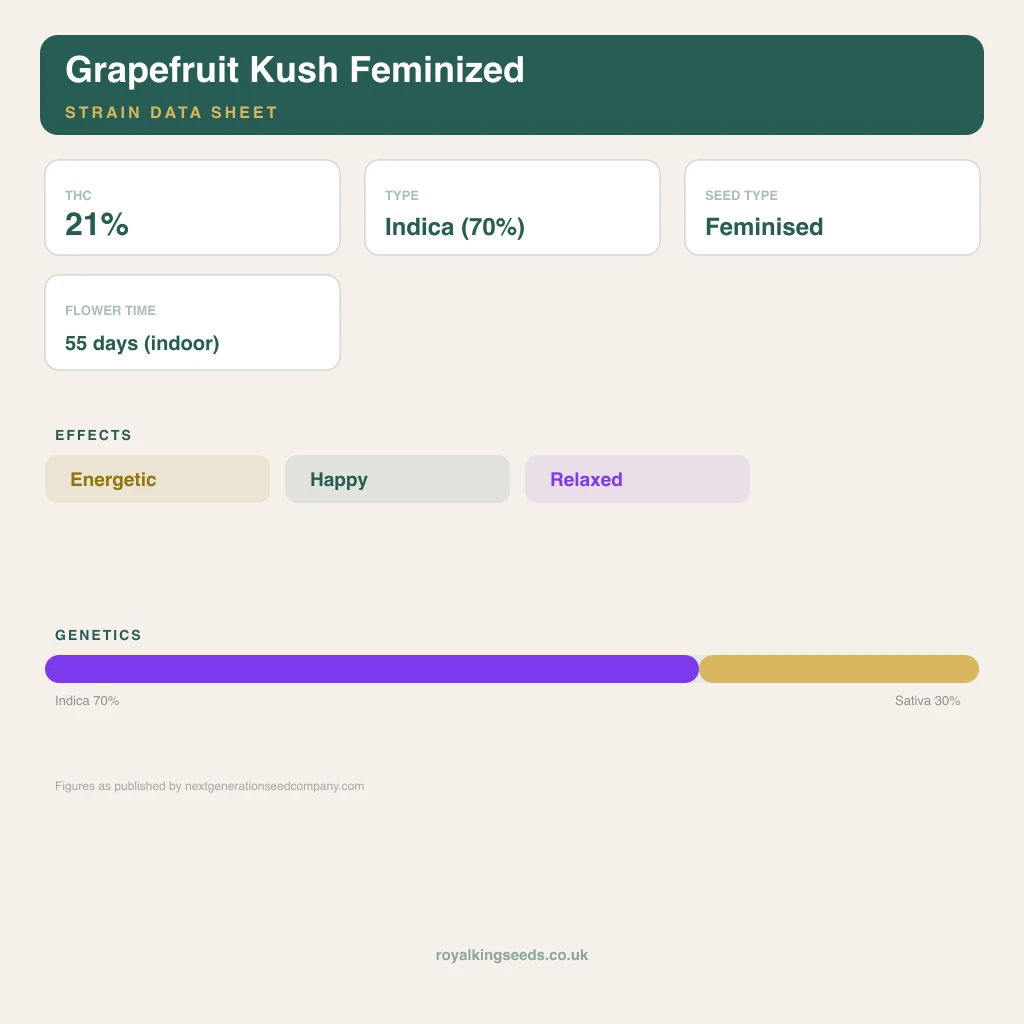Grapefruit Kush 70% indica / 30% sativa flower with visible trichomes