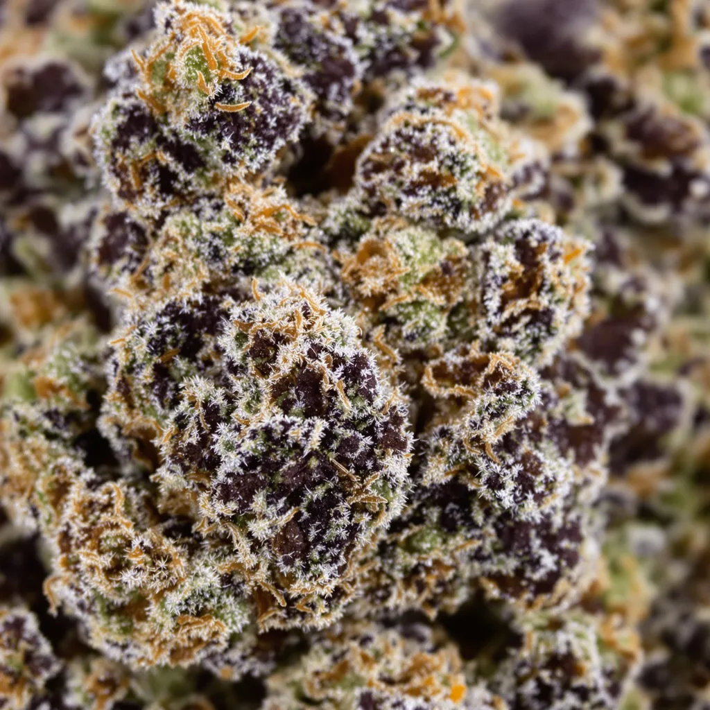 Grapefruit Kush cannabis bud close-up showing dense purple-tinged calyxes