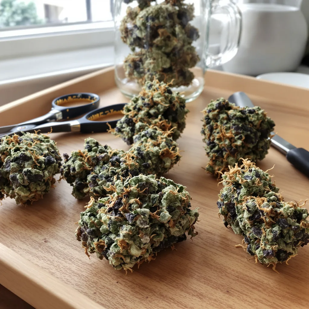 Gravity 75% indica / 25% sativa flower with visible trichomes