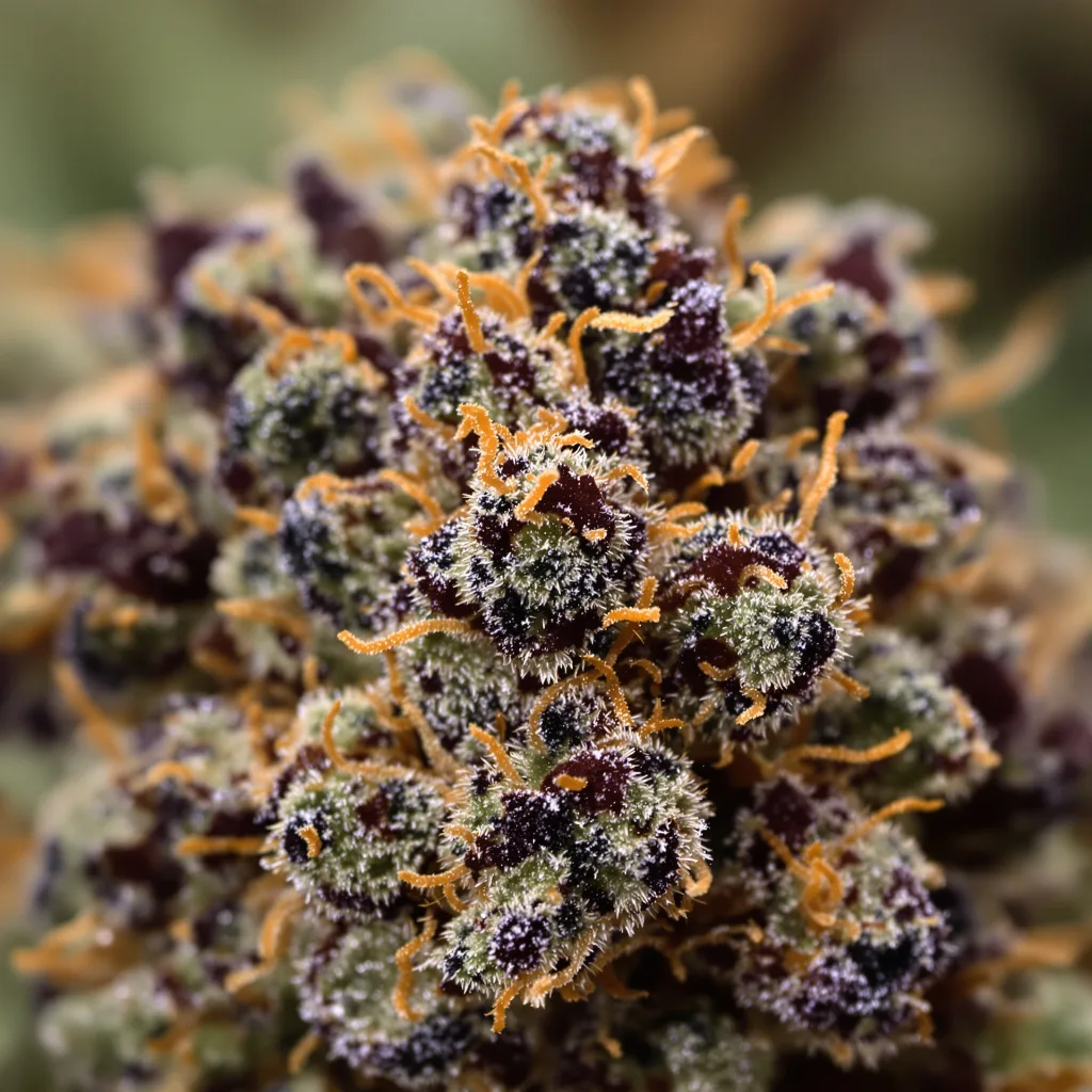 Gravity cannabis bud close-up showing dense purple-tinged calyxes