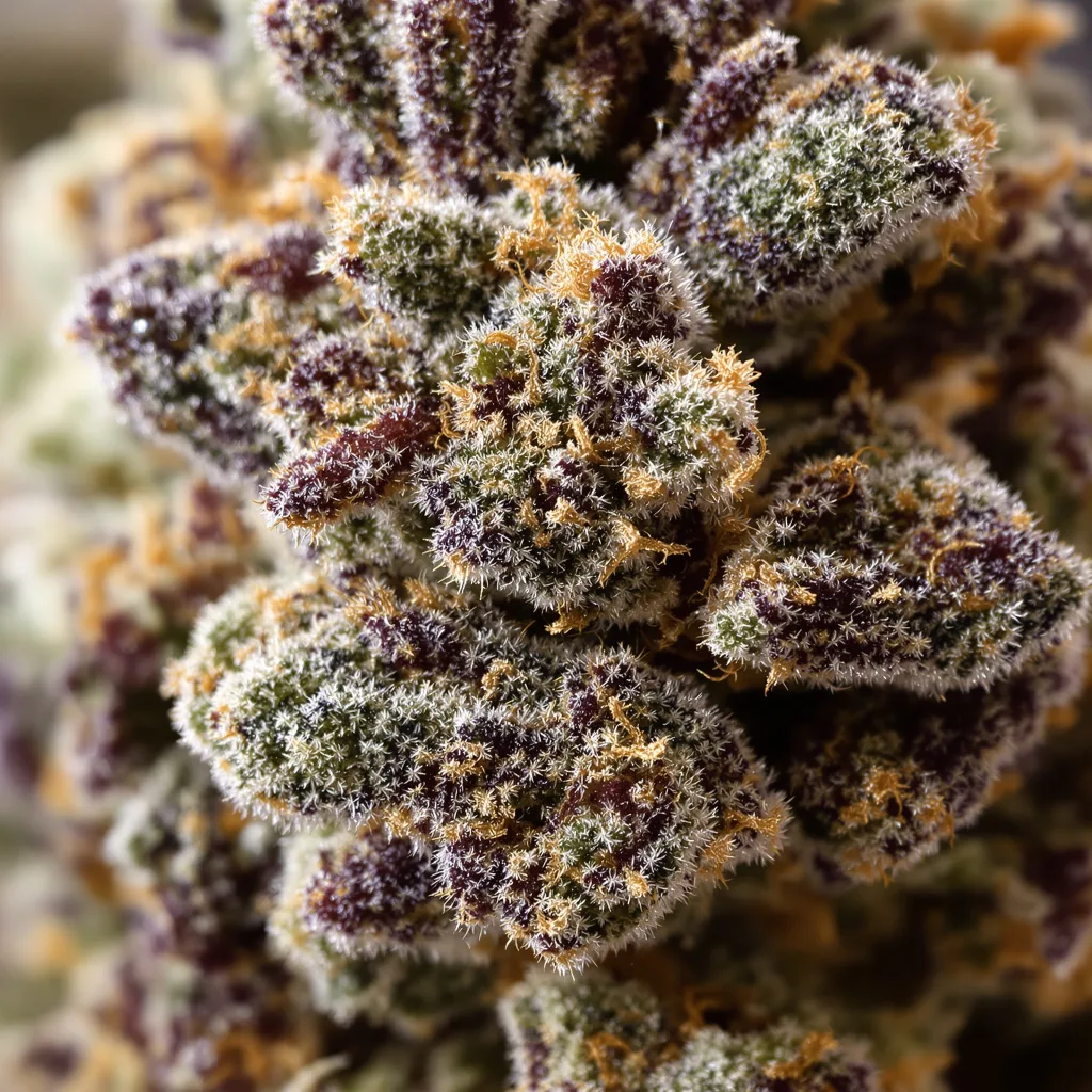 Gravity cannabis bud close-up showing dense purple-tinged calyxes