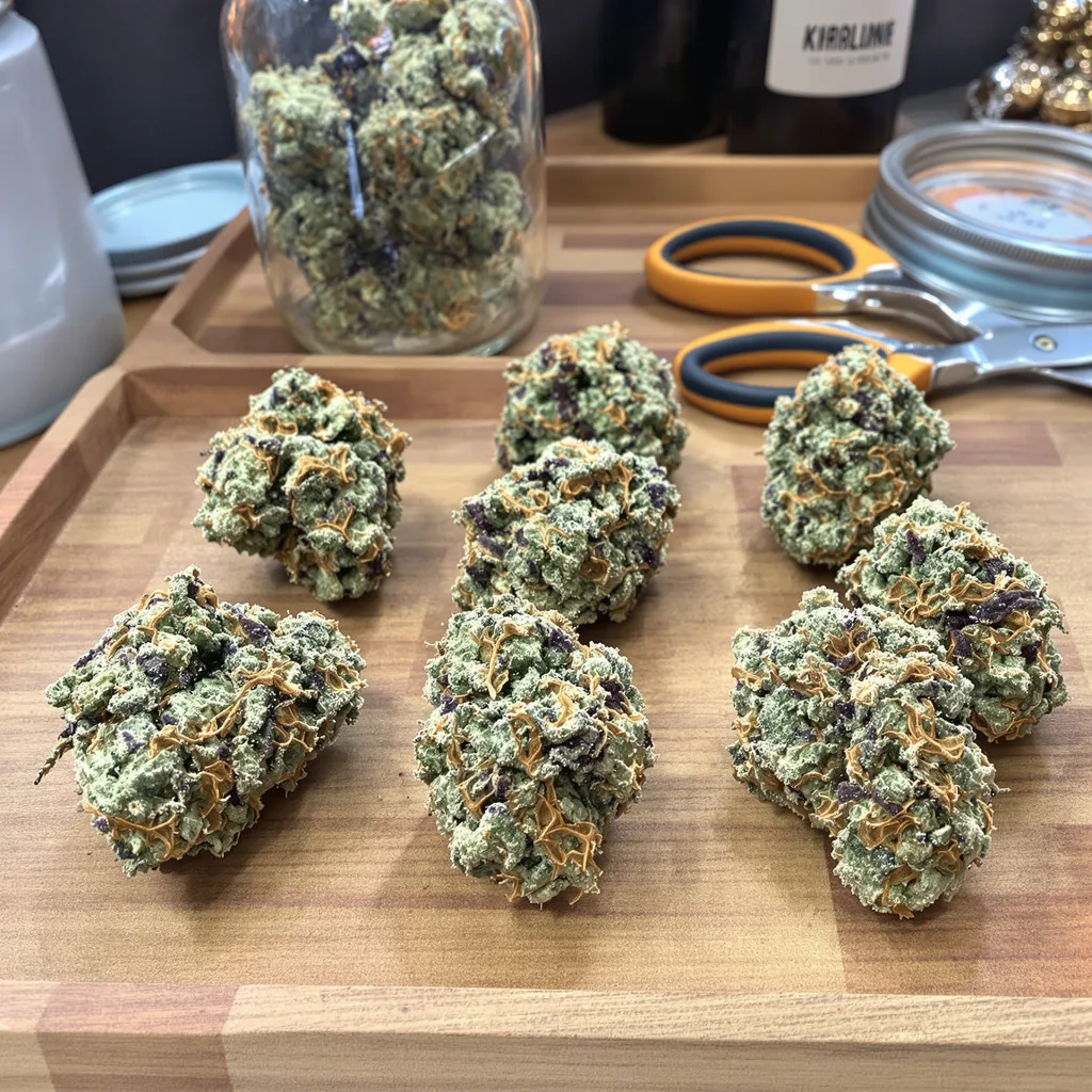 Grease Monkey 48% indica / 52% sativa flower with visible trichomes