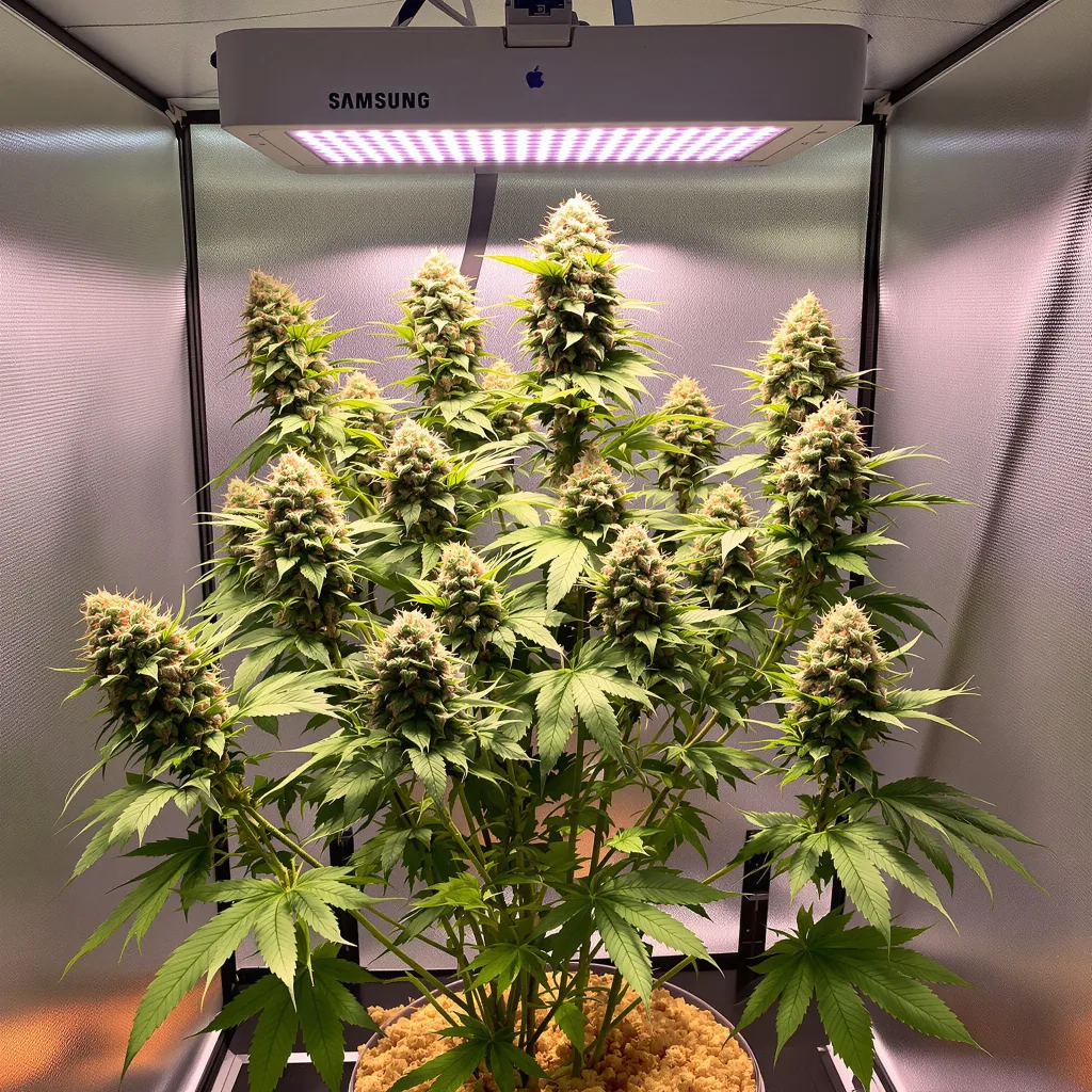 Grease Monkey 48% indica / 52% sativa flower with visible trichomes