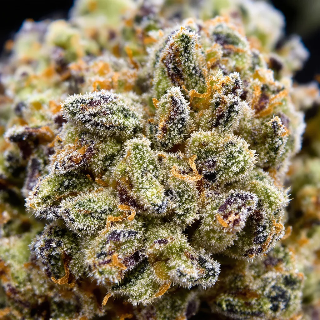 Grease Monkey cannabis bud close-up showing balanced bud structure with frosted trichomes