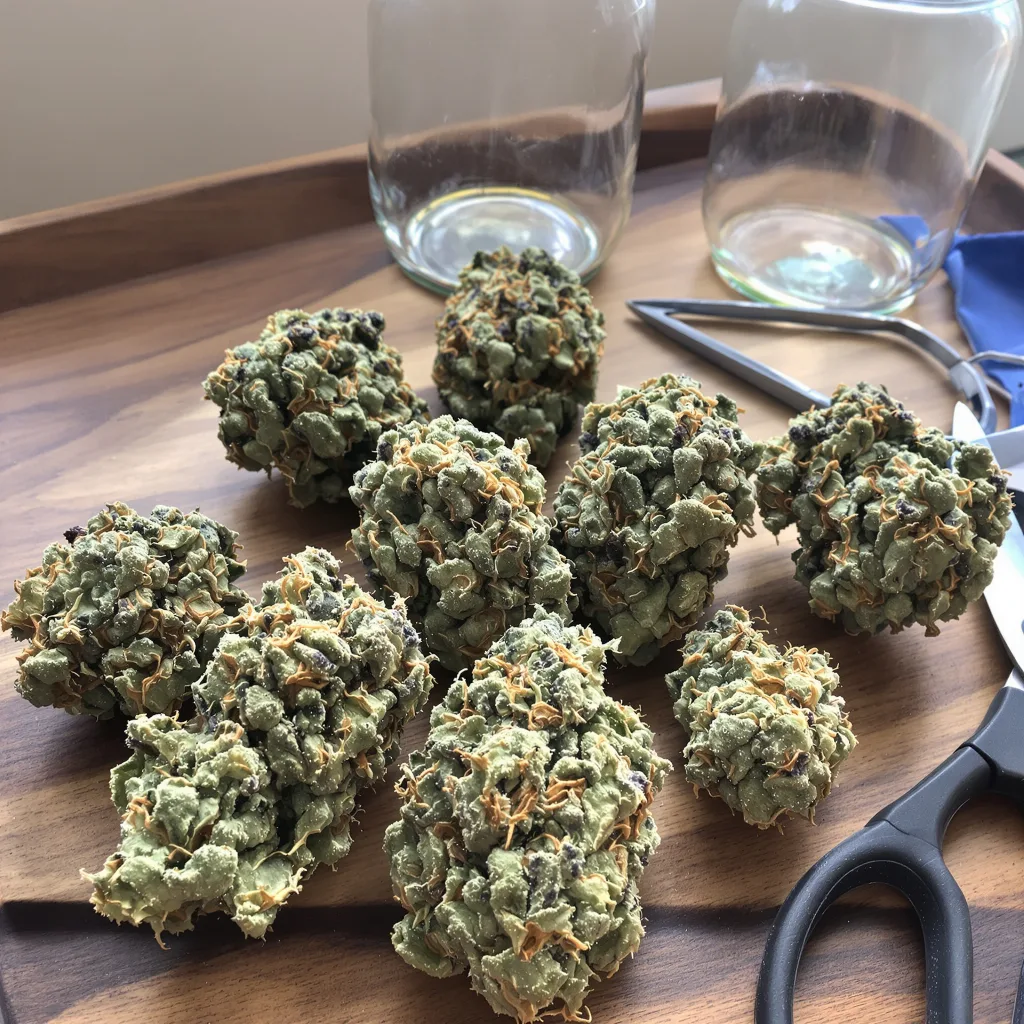 Green Cheese 56% indica / 44% sativa flower with visible trichomes
