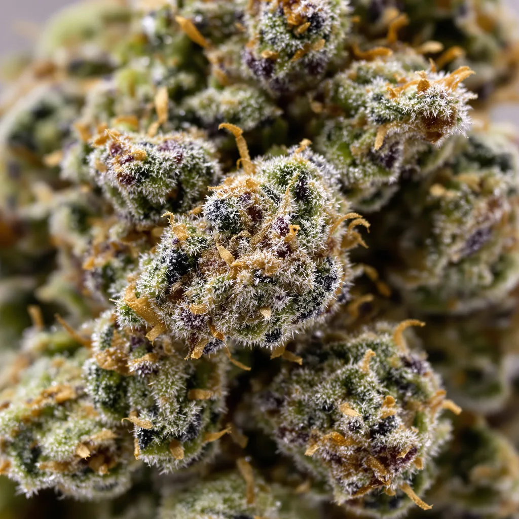Green Cheese cannabis bud close-up showing balanced bud structure with frosted trichomes