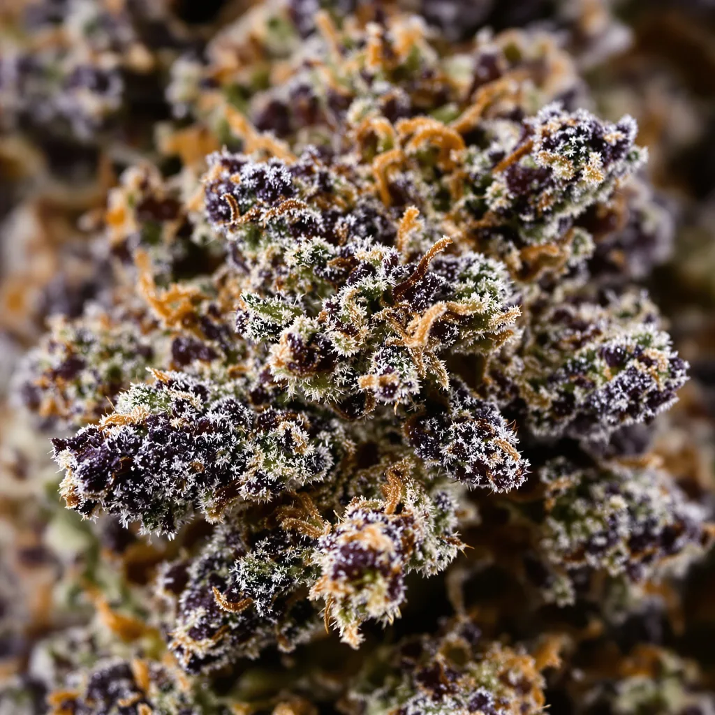 Green Crack Punch cannabis bud close-up showing dense purple-tinged calyxes