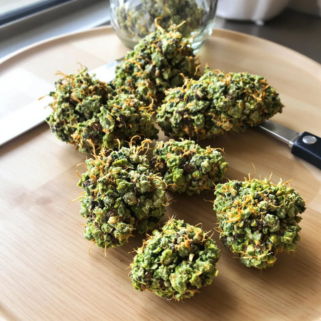 Green Dream 18% indica / 82% sativa flower with visible trichomes