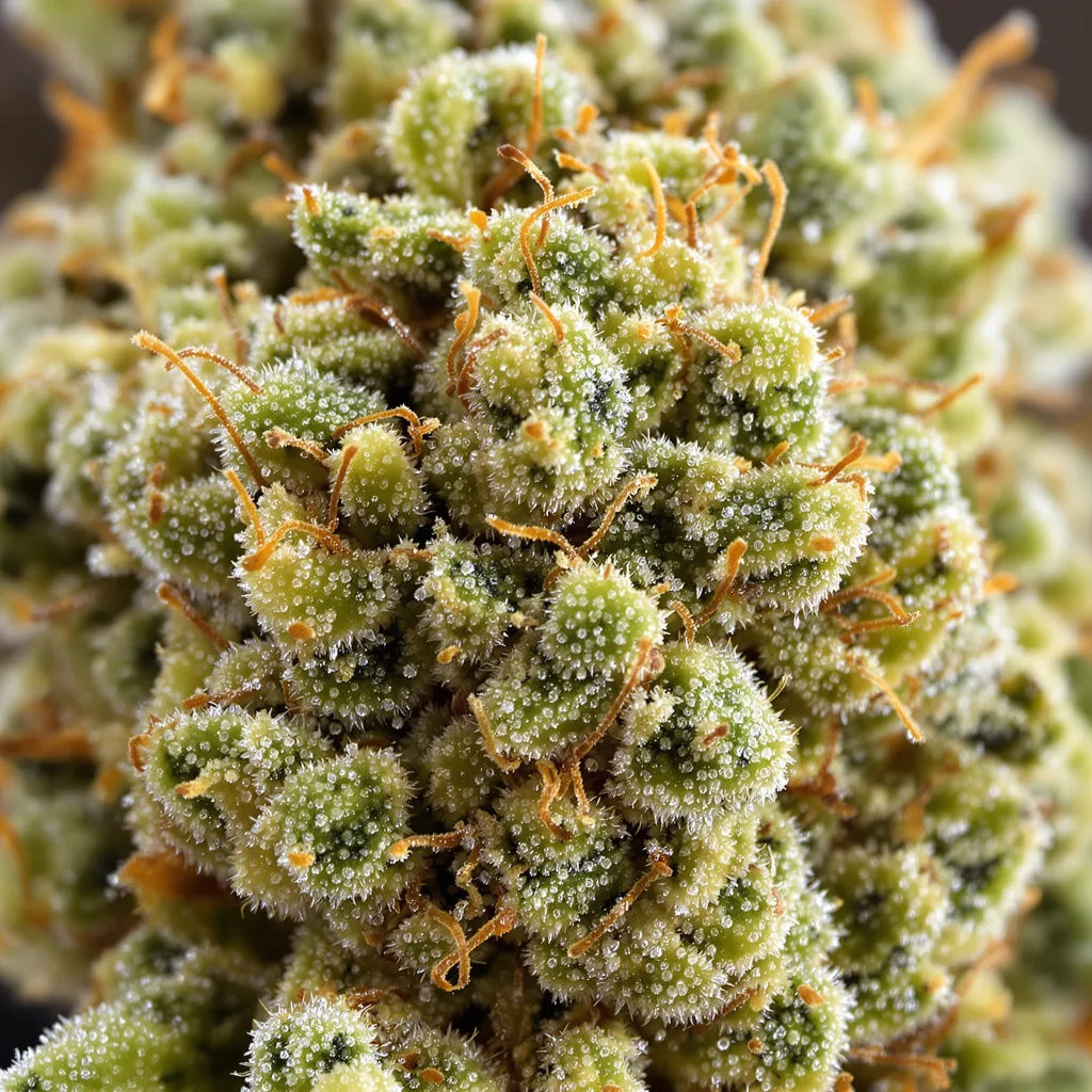 Green Dream cannabis bud close-up showing lime-green airy structure