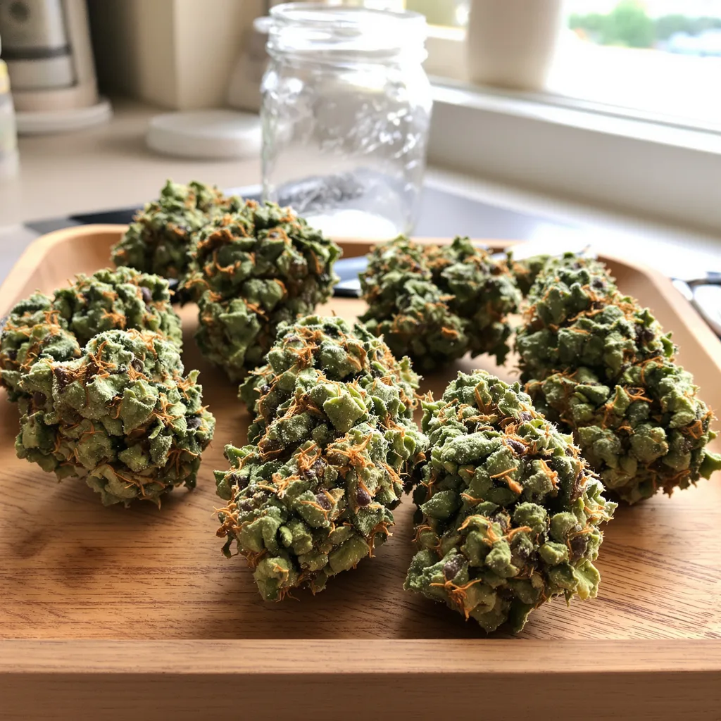 Green Goblin 48% indica / 52% sativa flower with visible trichomes