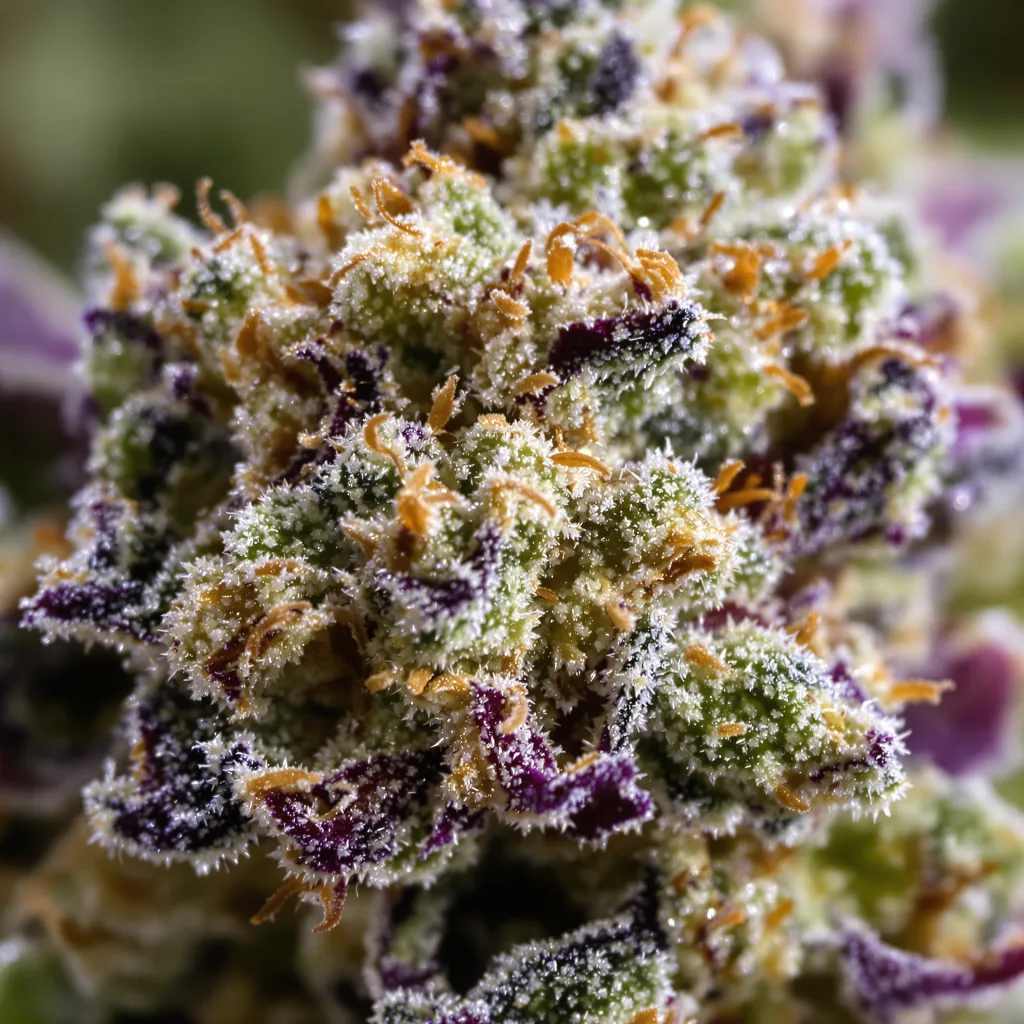 Green Goblin cannabis bud close-up showing balanced bud structure with frosted trichomes