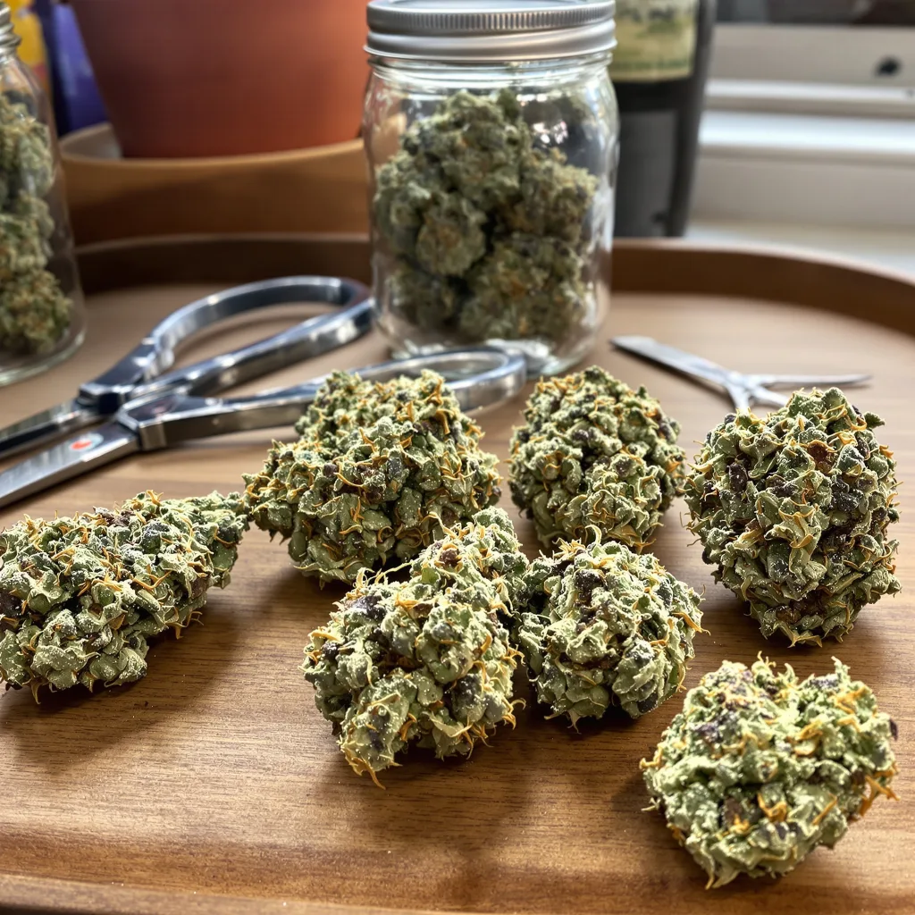 Green Goblin 48% indica / 52% sativa flower with visible trichomes