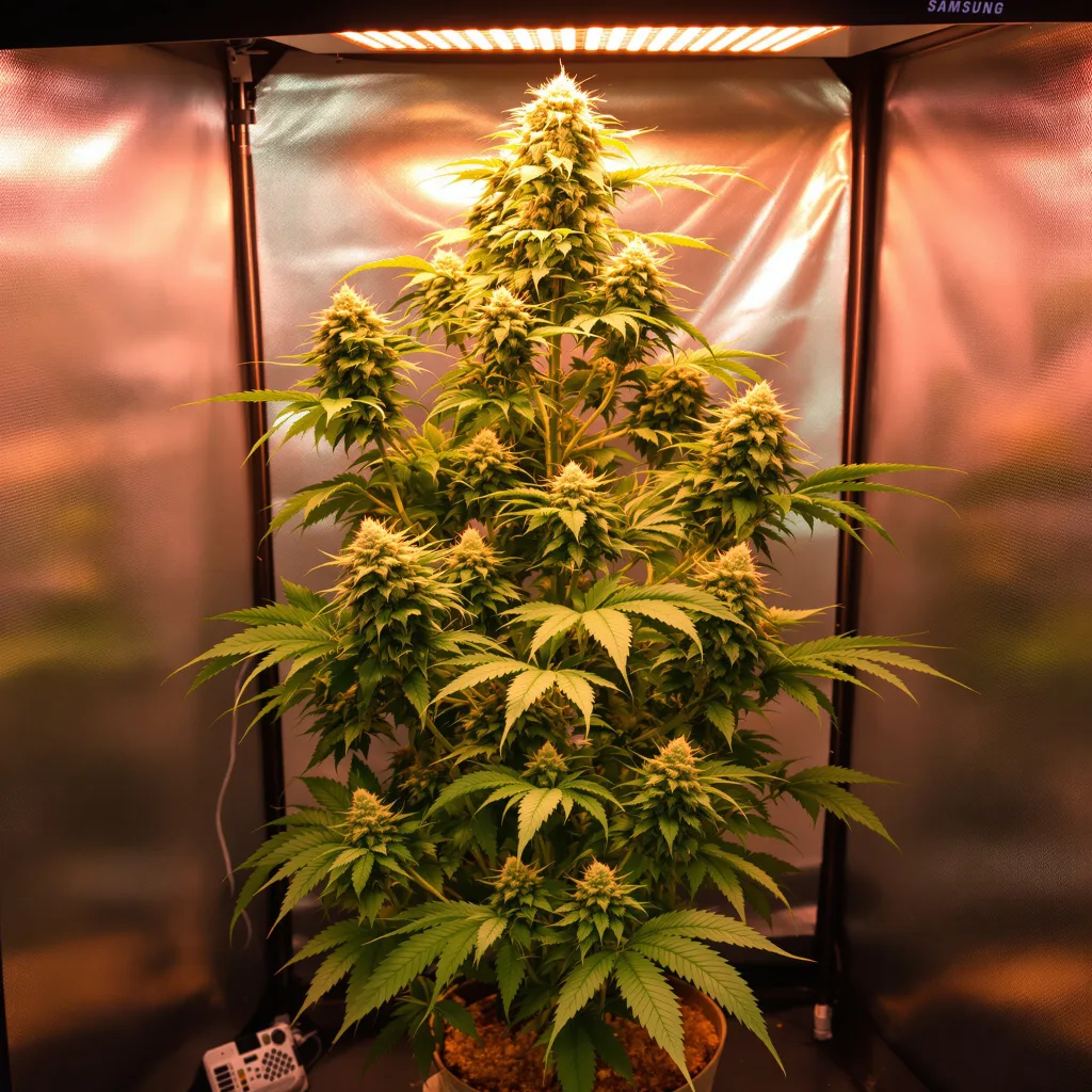 Green Goblin 48% indica / 52% sativa flower with visible trichomes