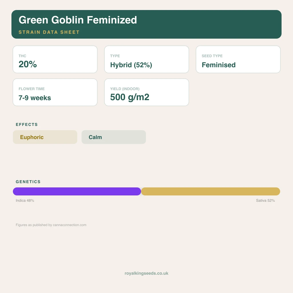 Green Goblin 48% indica / 52% sativa flower with visible trichomes