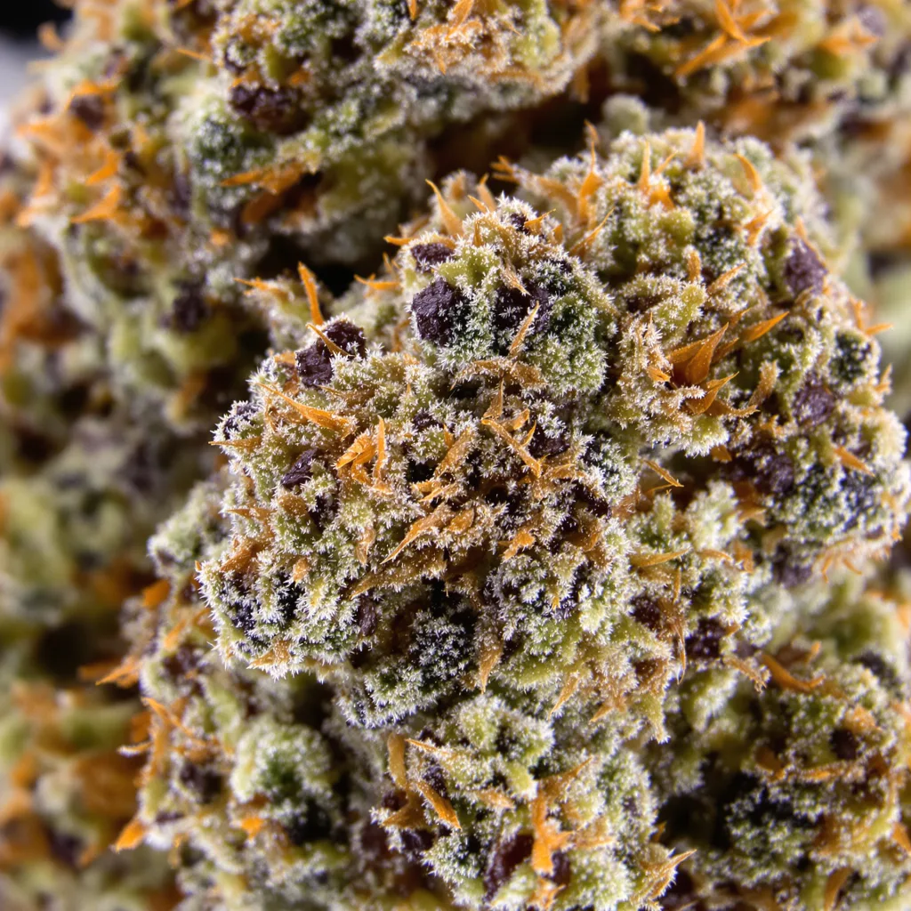 Green Goddess cannabis bud close-up showing dense purple-tinged calyxes