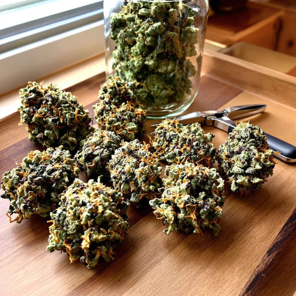 Green Kush 36% indica / 64% sativa flower with visible trichomes