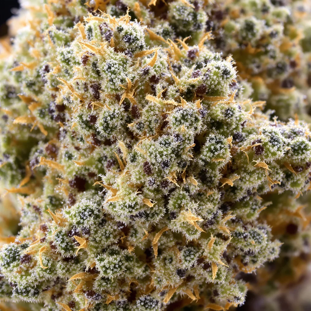 Green Kush cannabis bud close-up showing open-bud structure with orange pistils
